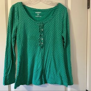 Old Navy Long Sleeve Green Top with Ruffled Quarter Button Opening Size M